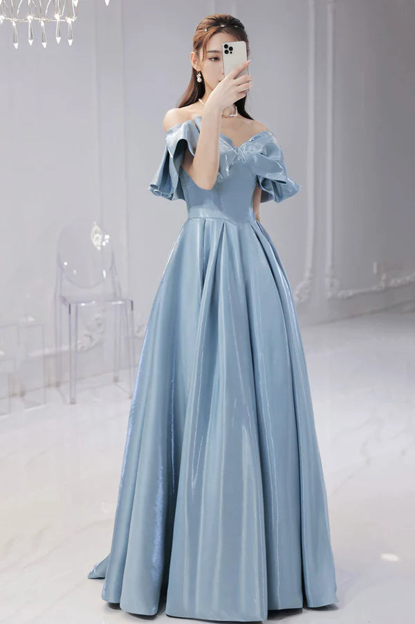Blue Satin Long A-Line Prom Dress Off the Shoulder Evening Dress with Bow